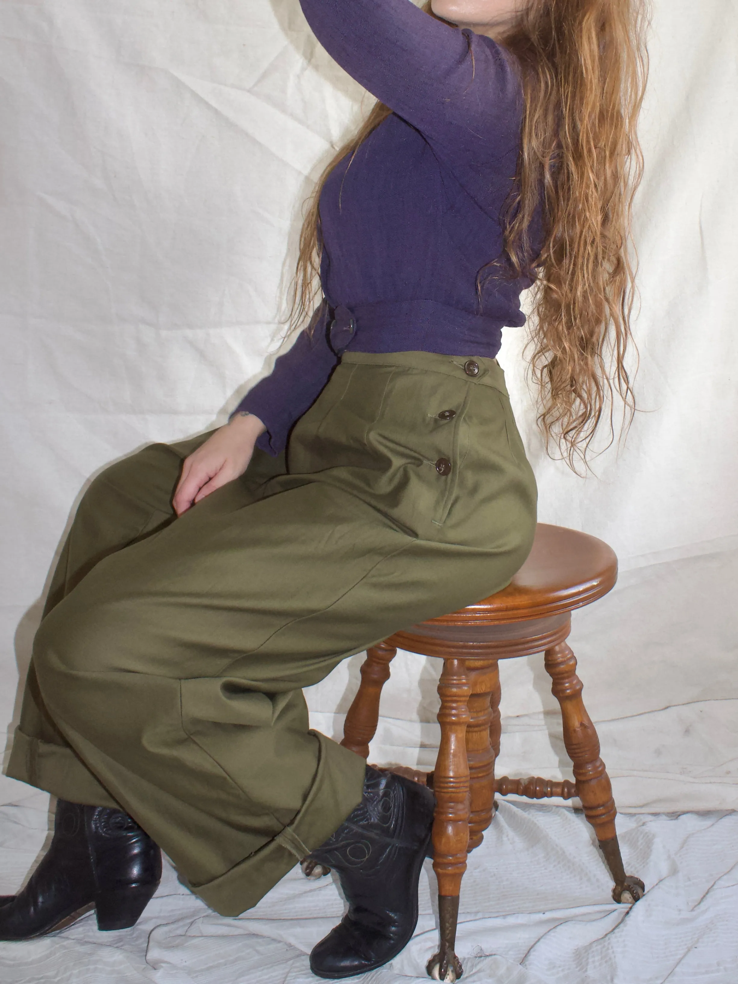 1940s Womens Army Crops (WAC) Military Cotton Sateen Side Button Pants