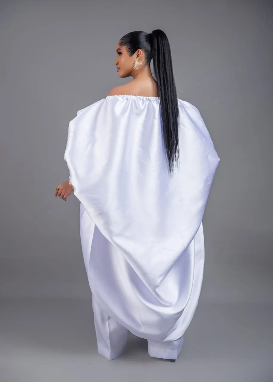 2- piece Kese white cape high low and wide leg pant set