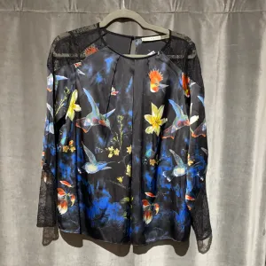 Alice and Olivia Floral and Bird Print Silk Top