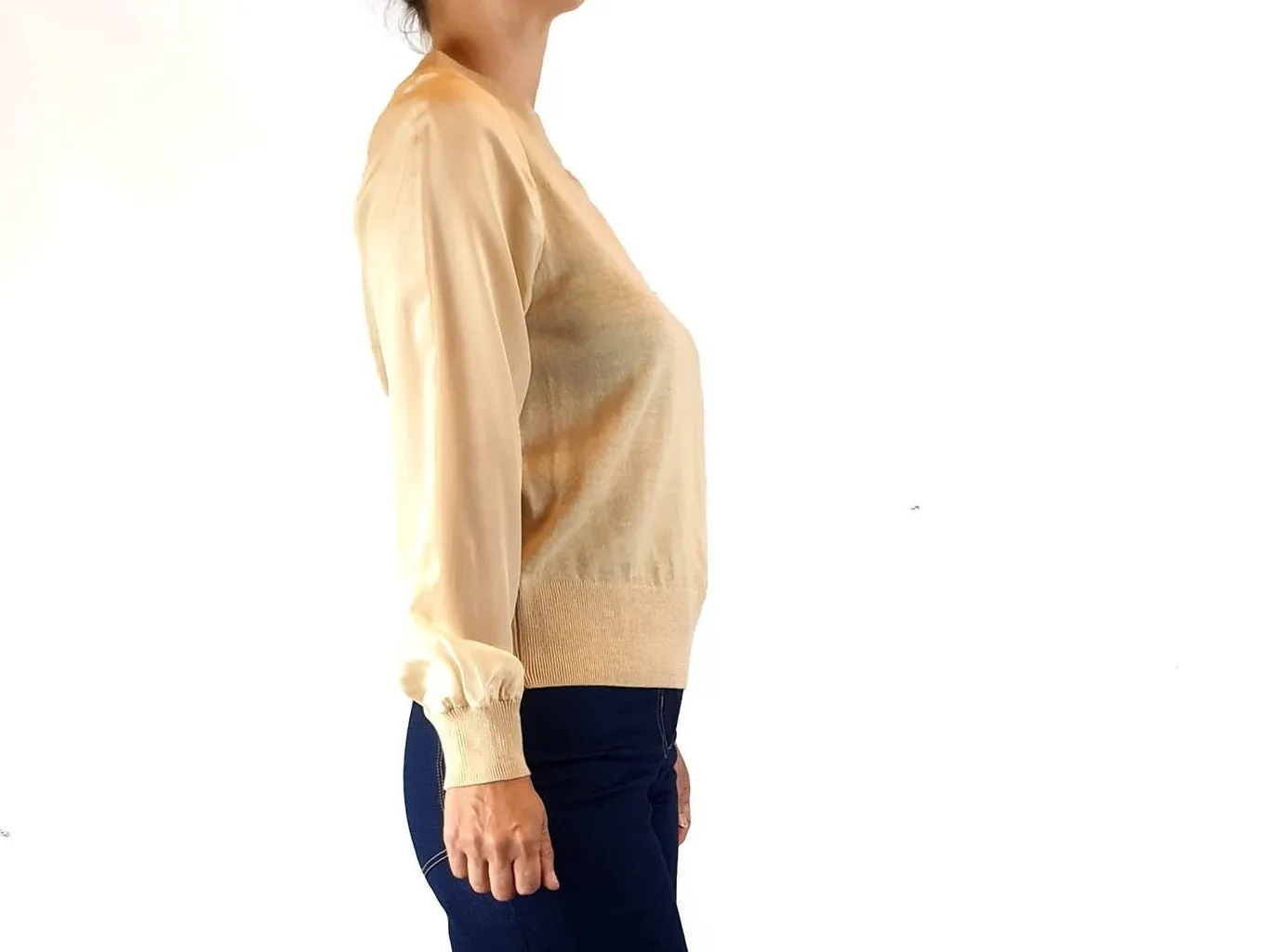 Alpha 60 light beige wool mix knit with 100% silk sleeves size XS, best fits size 8