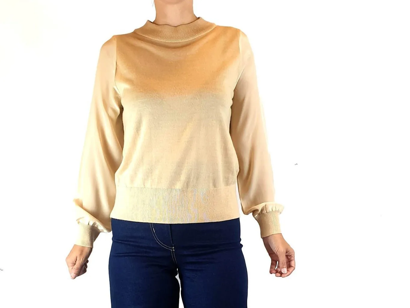 Alpha 60 light beige wool mix knit with 100% silk sleeves size XS, best fits size 8