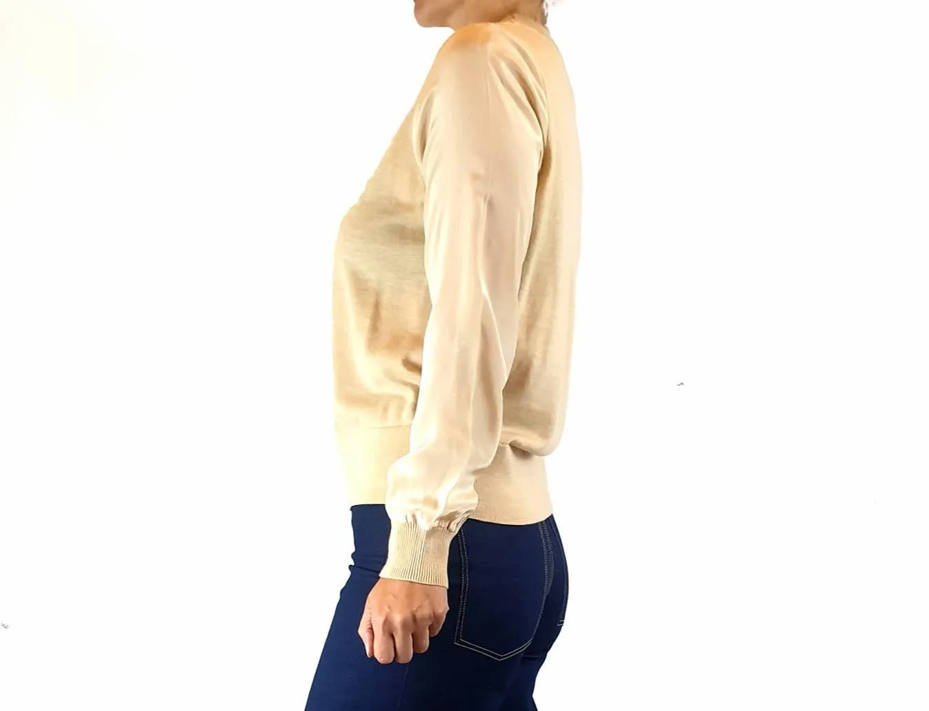 Alpha 60 light beige wool mix knit with 100% silk sleeves size XS, best fits size 8