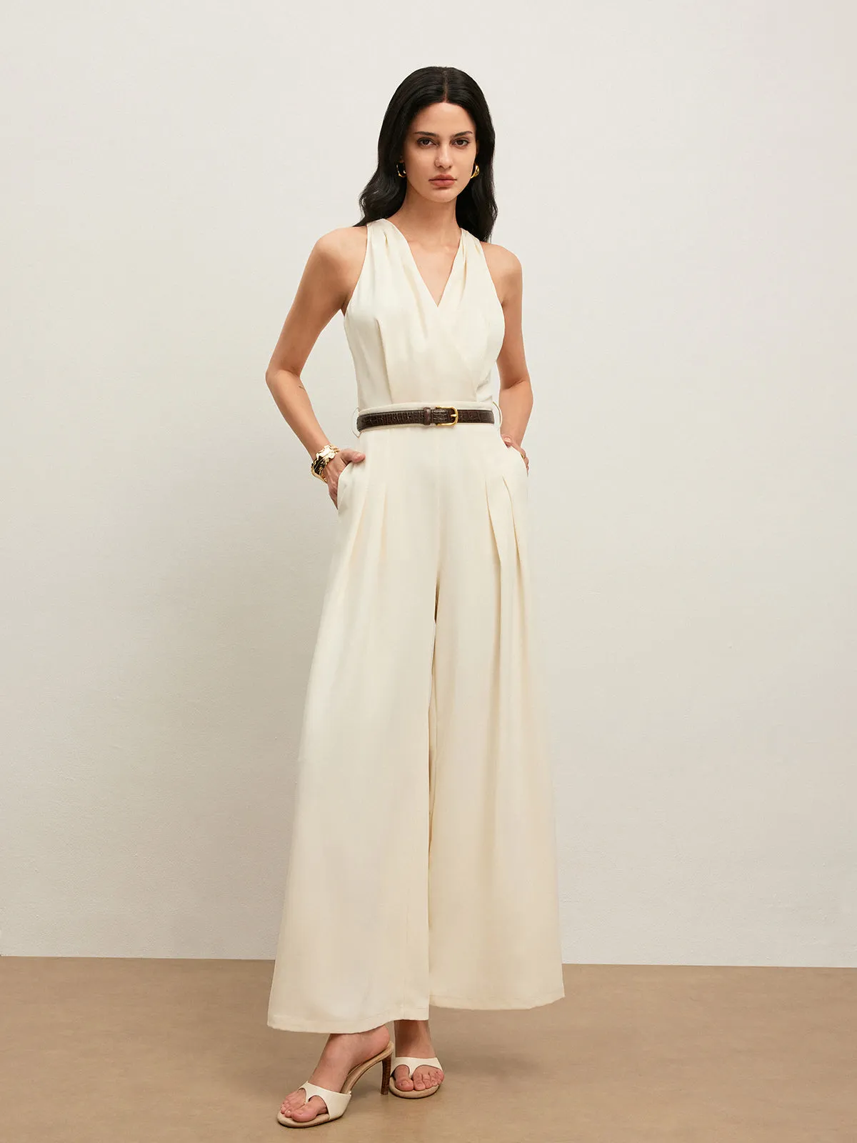 Back Button Halter Jumpsuit With Belted Waist