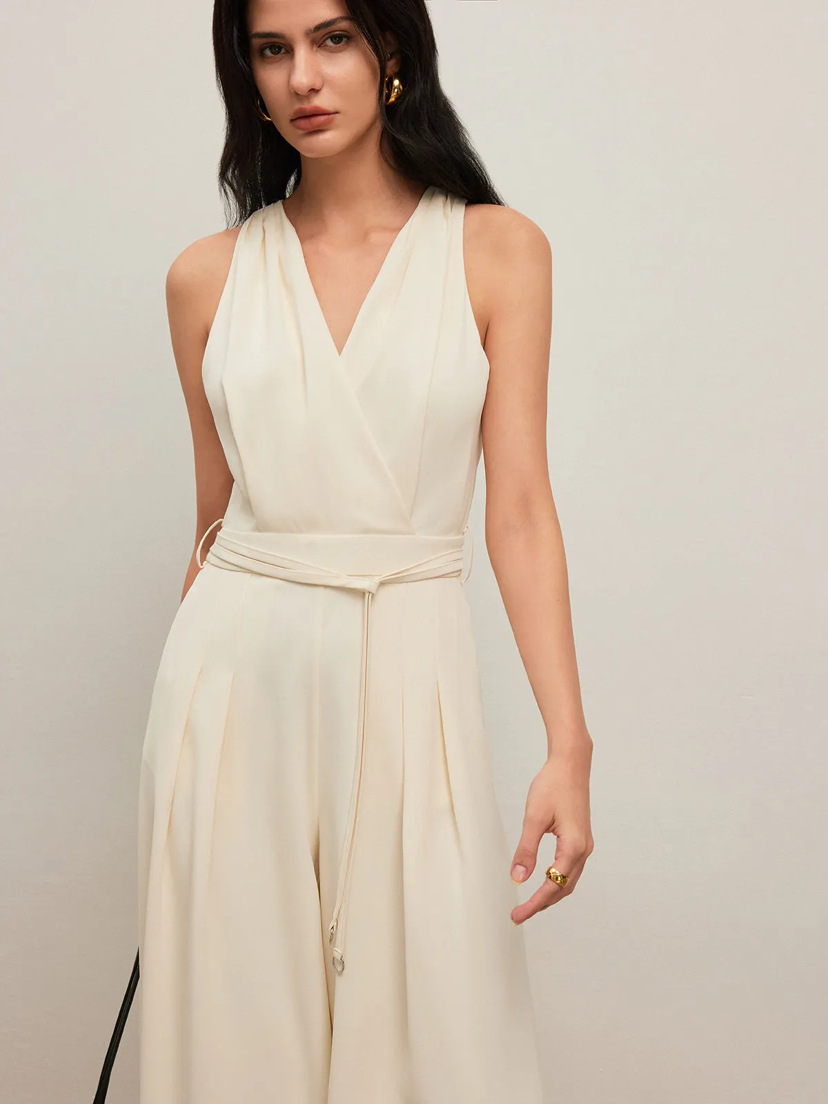 Back Button Halter Jumpsuit With Belted Waist