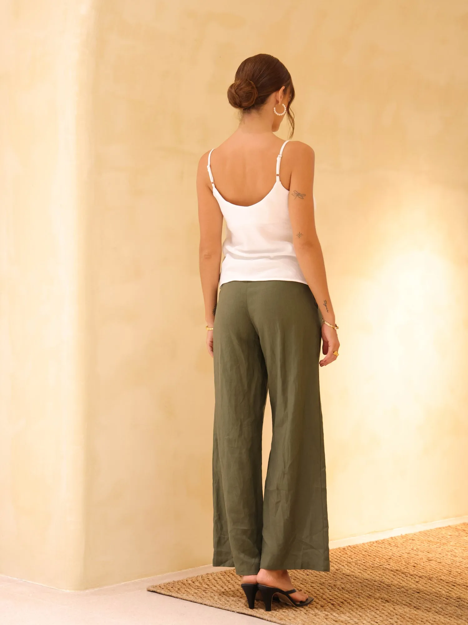 Back Elasticated High Waist Linen Pant