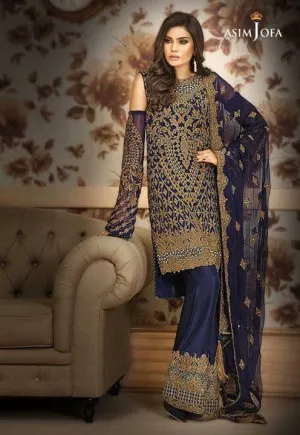 Beautiful chiffon dress by asim jofa in dark blue and dull golden color Mode#C 861