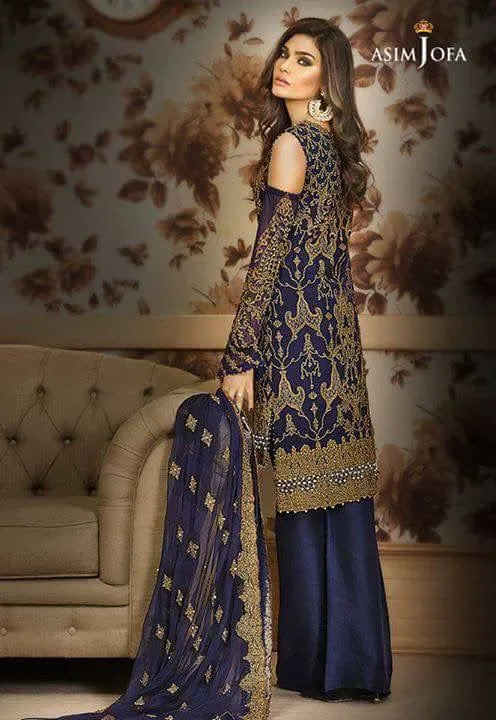 Beautiful chiffon dress by asim jofa in dark blue and dull golden color Mode#C 861