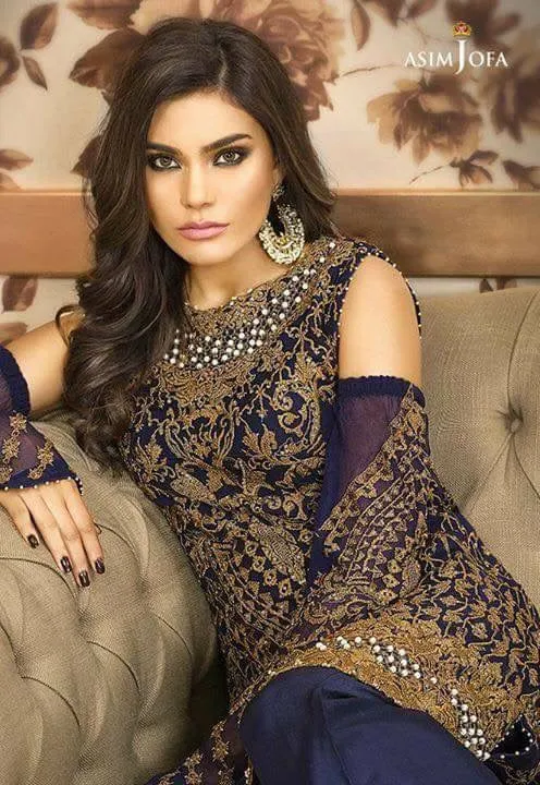 Beautiful chiffon dress by asim jofa in dark blue and dull golden color Mode#C 861