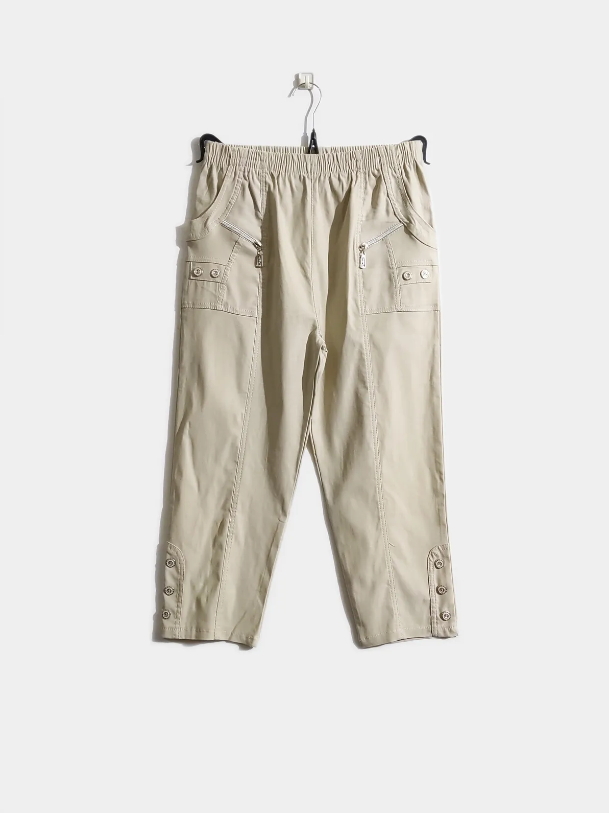Beige Cotton Stretch Elasticated Waist Cropped Trouser