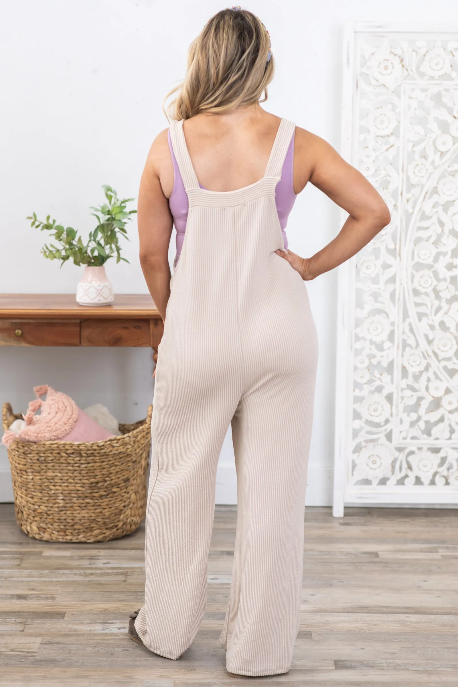 Beige Ribbed Knit Jumpsuit