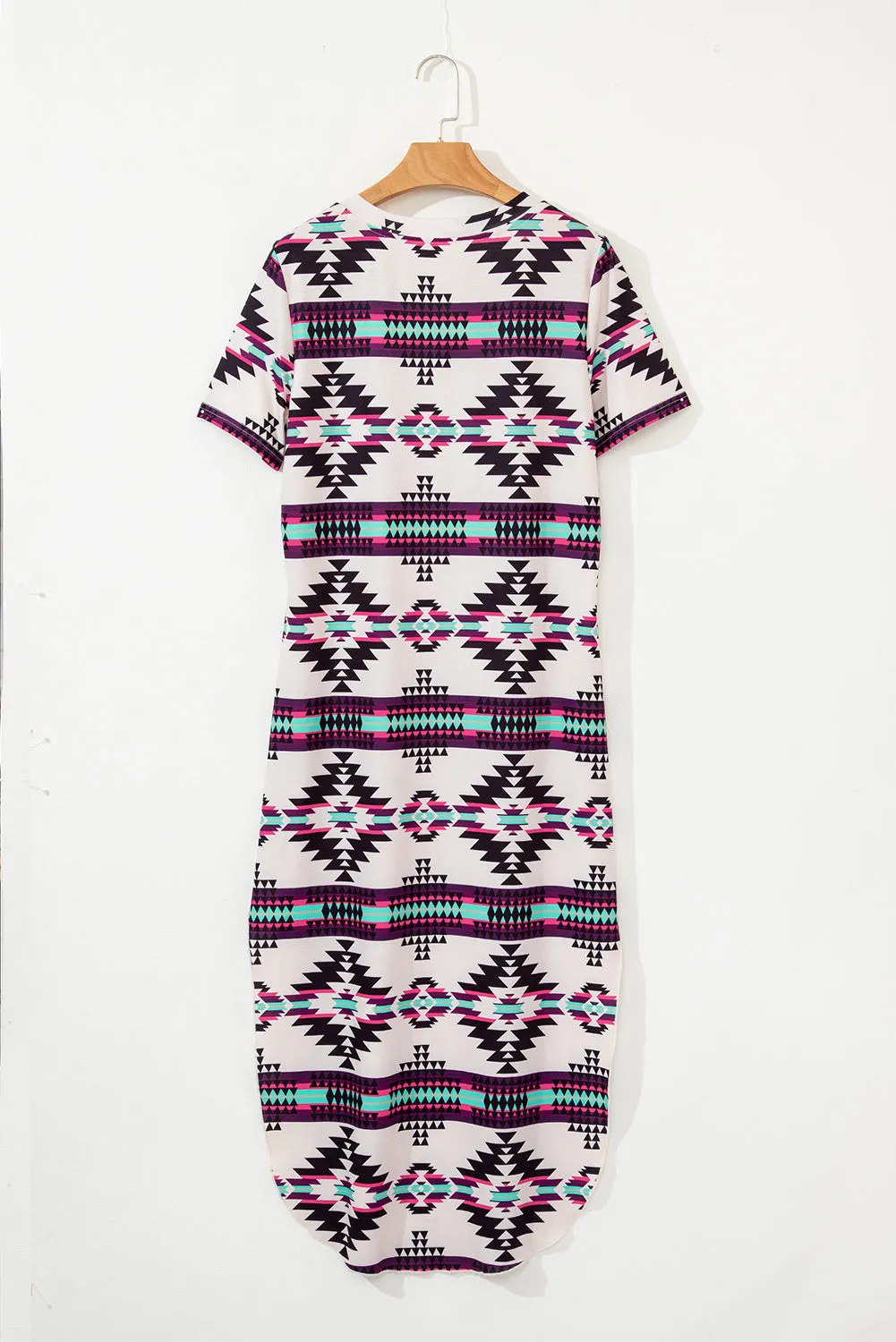 Beige Western Aztec Printed Long T-shirt Dress