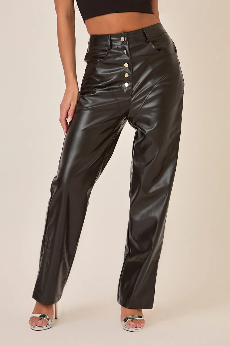 Black Button Front Faux Leather Wide Leg Trousers - Jess