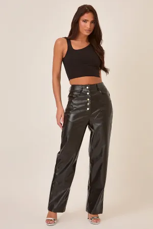 Black Button Front Faux Leather Wide Leg Trousers - Jess