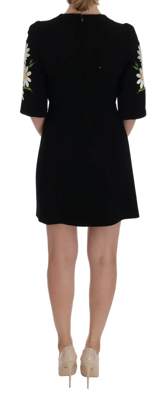 Black Chamomile Print Wool Stretch Dress