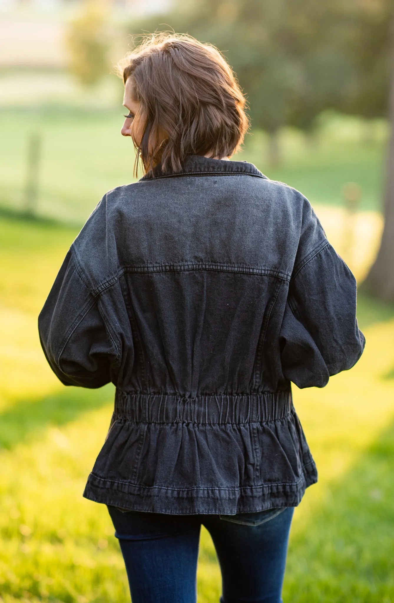Black Elastic Waist Washed Denim Jacket