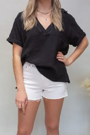 Black Jamy Collared SS Top