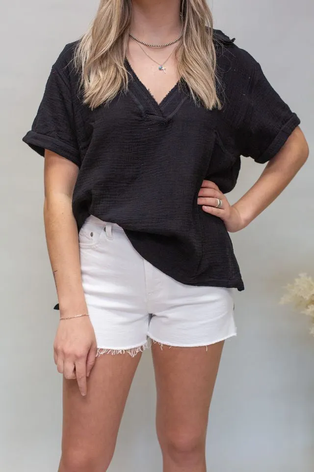 Black Jamy Collared SS Top