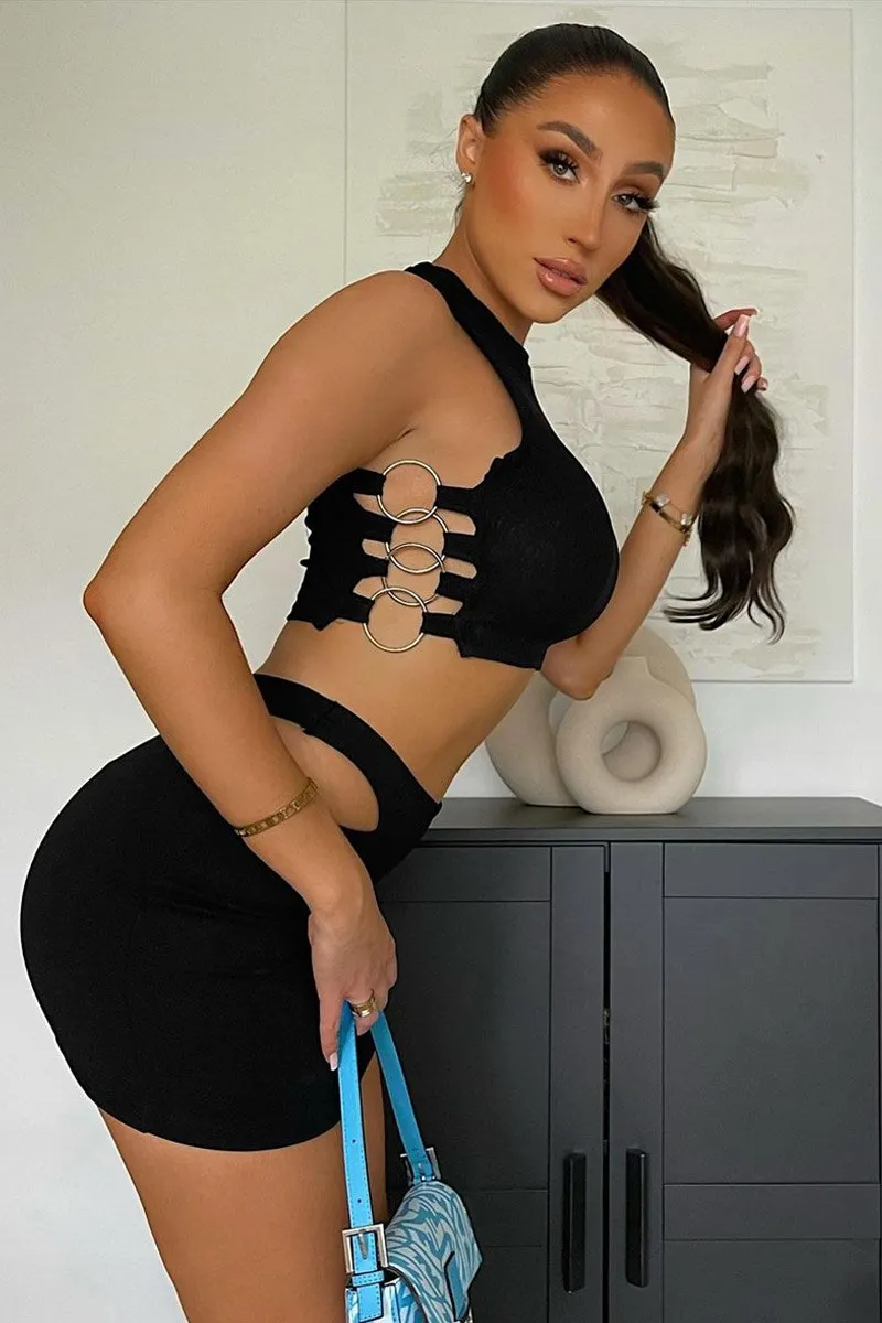 Black Side Ring Detail Ribbed Crop Top - Marisella