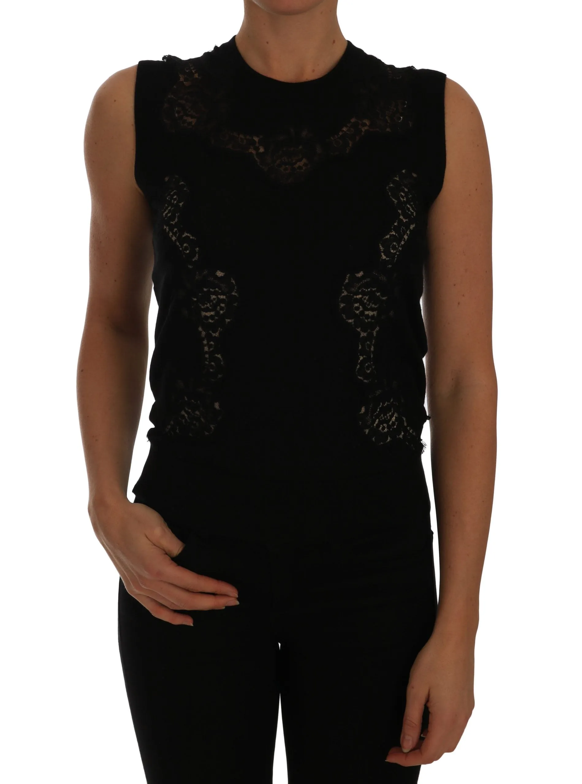Black Silk Knit Top Lace Inset Floral Cashmere  top