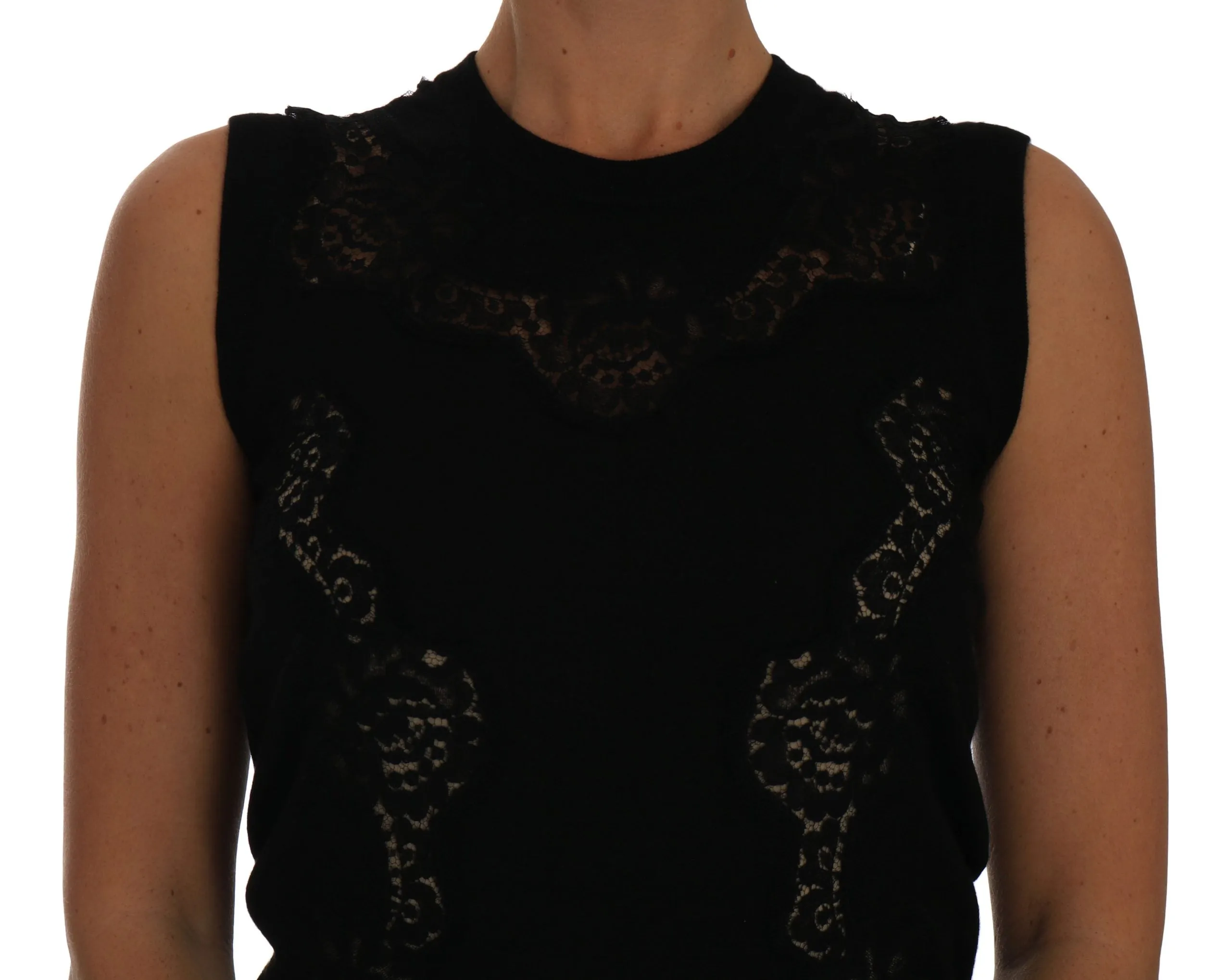 Black Silk Knit Top Lace Inset Floral Cashmere  top
