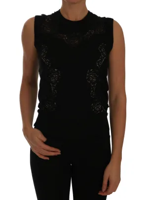 Black Silk Knit Top Lace Inset Floral Cashmere  top