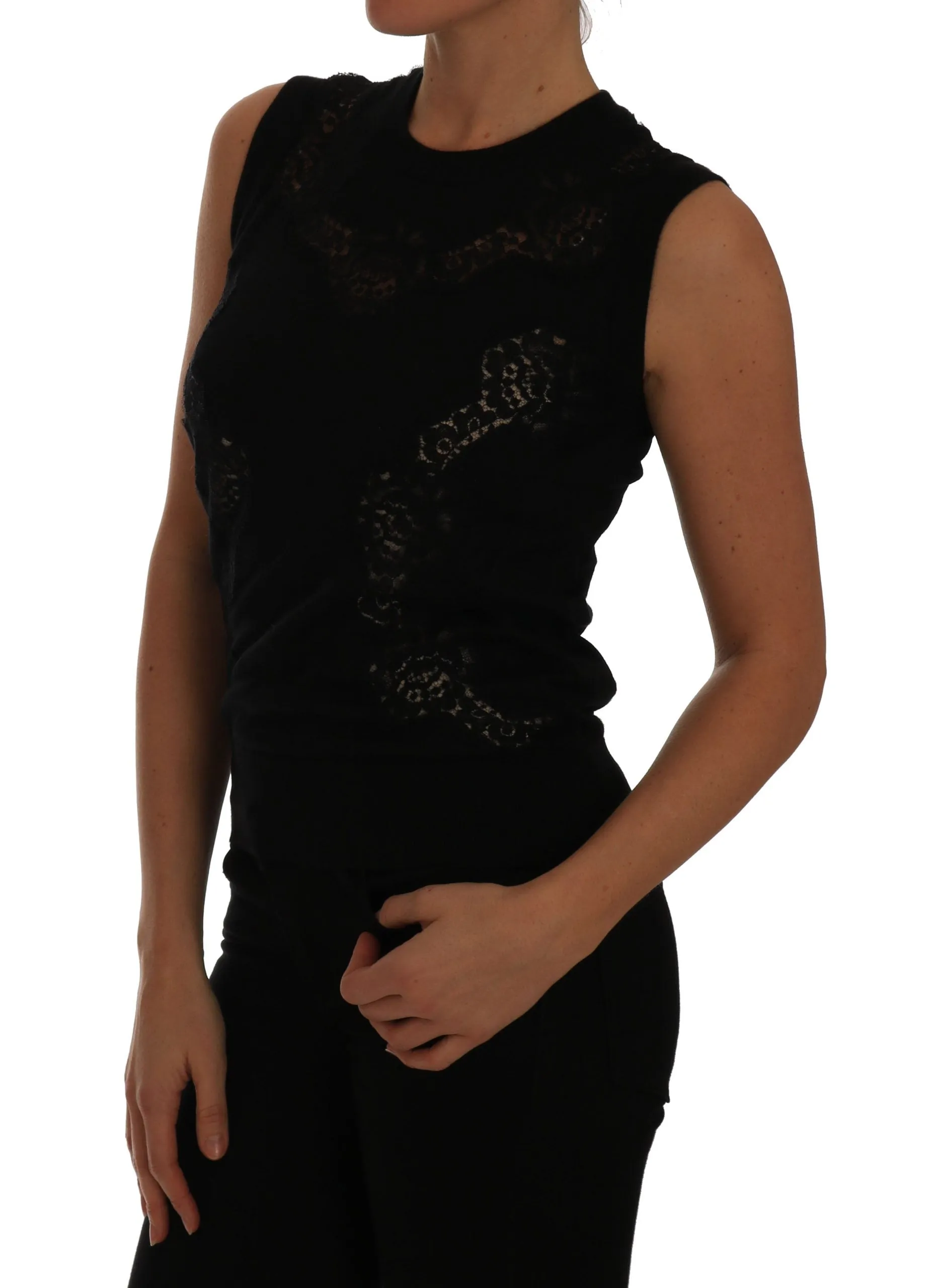 Black Silk Knit Top Lace Inset Floral Cashmere  top