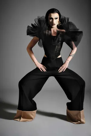 Black Wide Leg Trouser with Nude Cuff