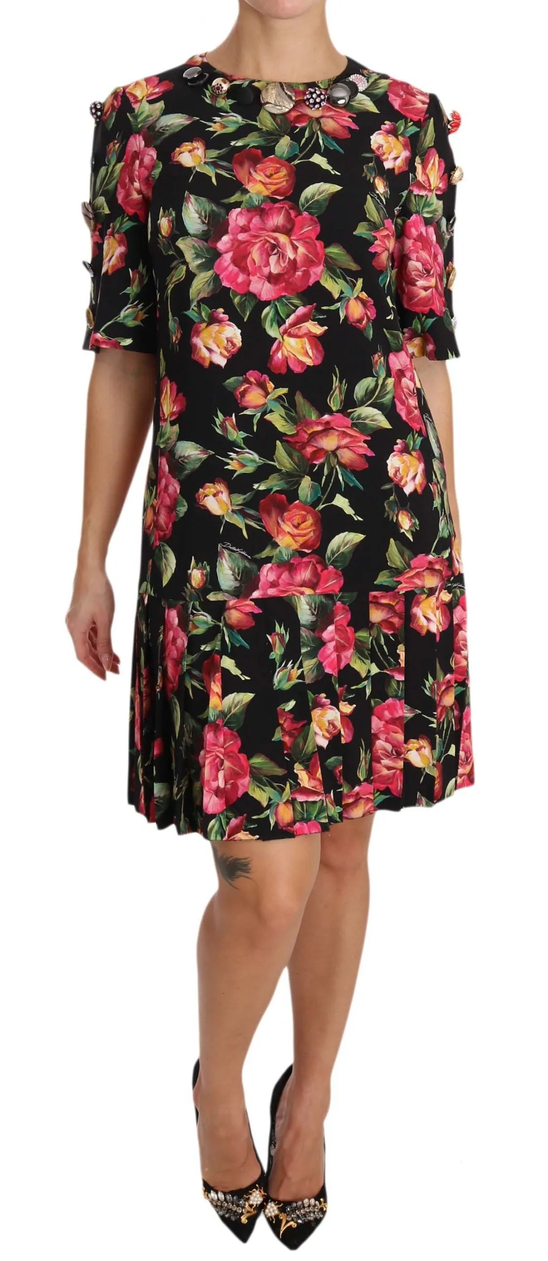 Black with multicolor Crystal Roses A-Line Shift Dress
