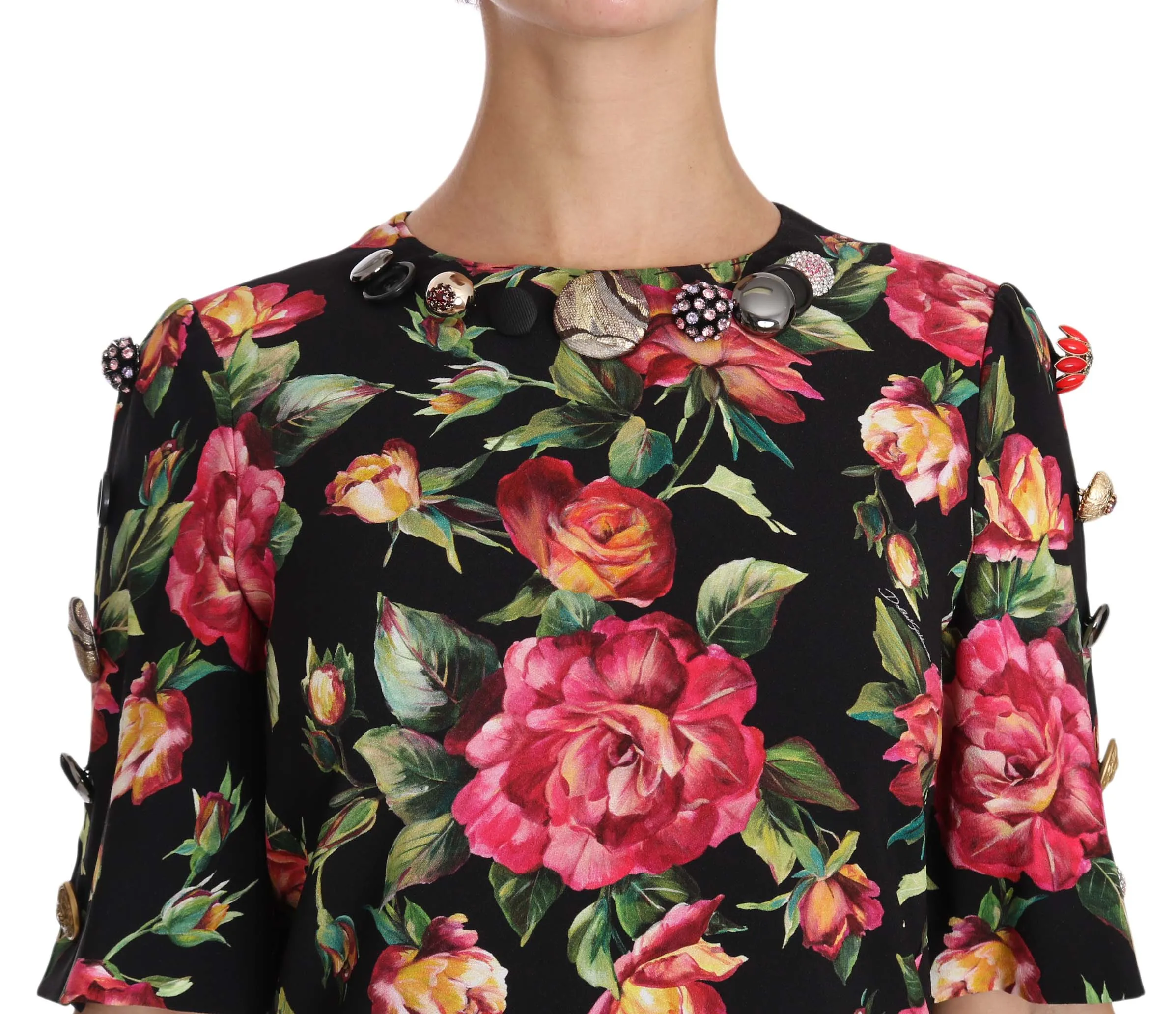 Black with multicolor Crystal Roses A-Line Shift Dress