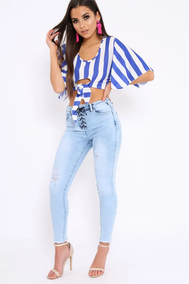 Blue Striped Cut Out Tie Front Crop Top - Evelia