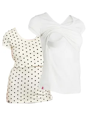 Bshirt Nursing short sleeve t-shirt Twin Pack- White & Cream/Black Spots
