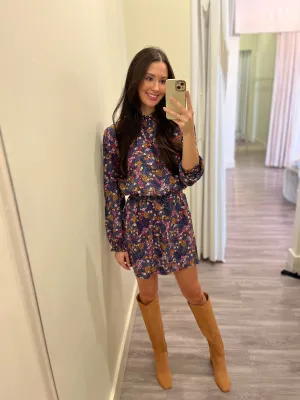 CA3261 high neck floral long sleeve shift dress w/ belt