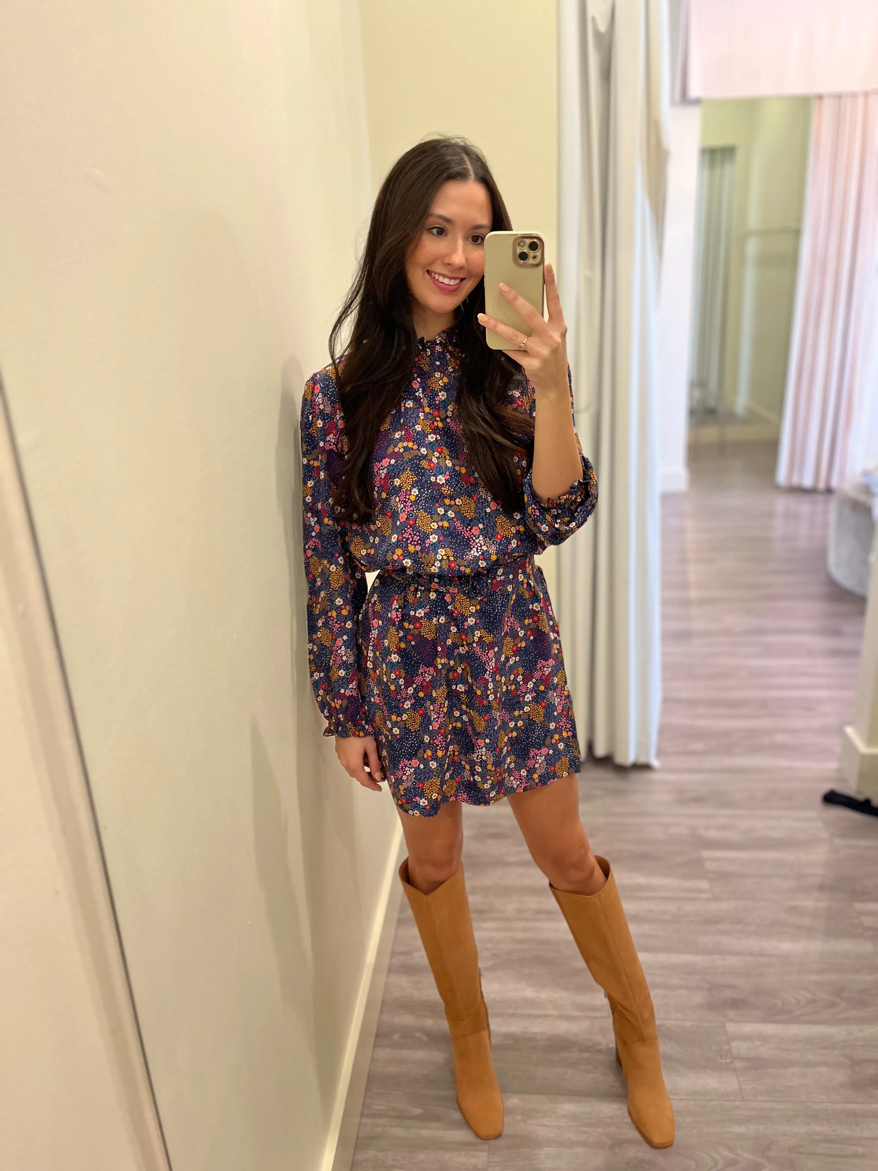 CA3261 high neck floral long sleeve shift dress w/ belt
