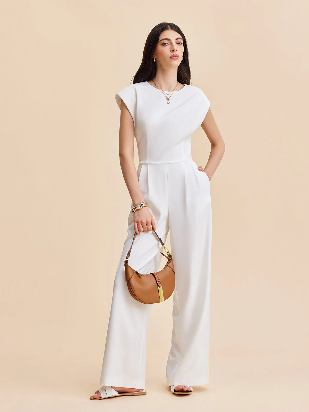 Cap Sleeve Buttoned Backless Jumpsuit