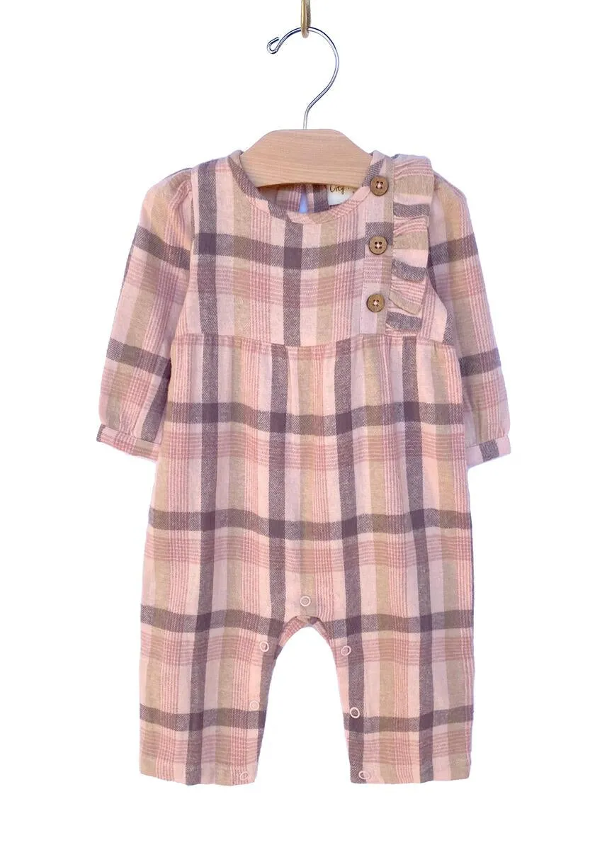 City Mouse Side Button Flannel Romper - Rosewood