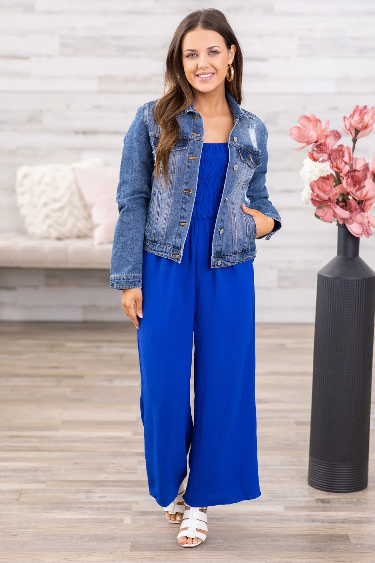 Cobalt Smocked Bodice Flutter Sleeve Jumpsuit