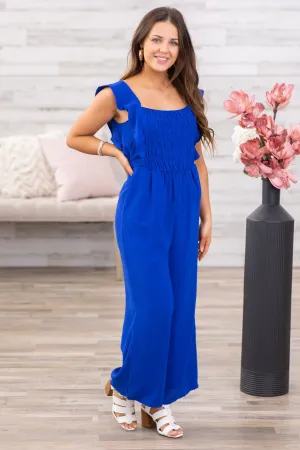 Cobalt Smocked Bodice Flutter Sleeve Jumpsuit