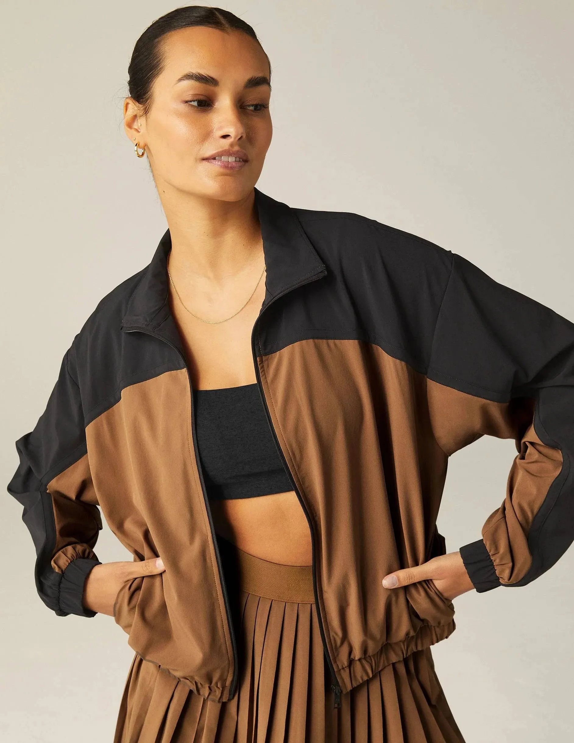 Colorblock Go Retro Jacket by Beyond Yoga | Deep Tan/True Black