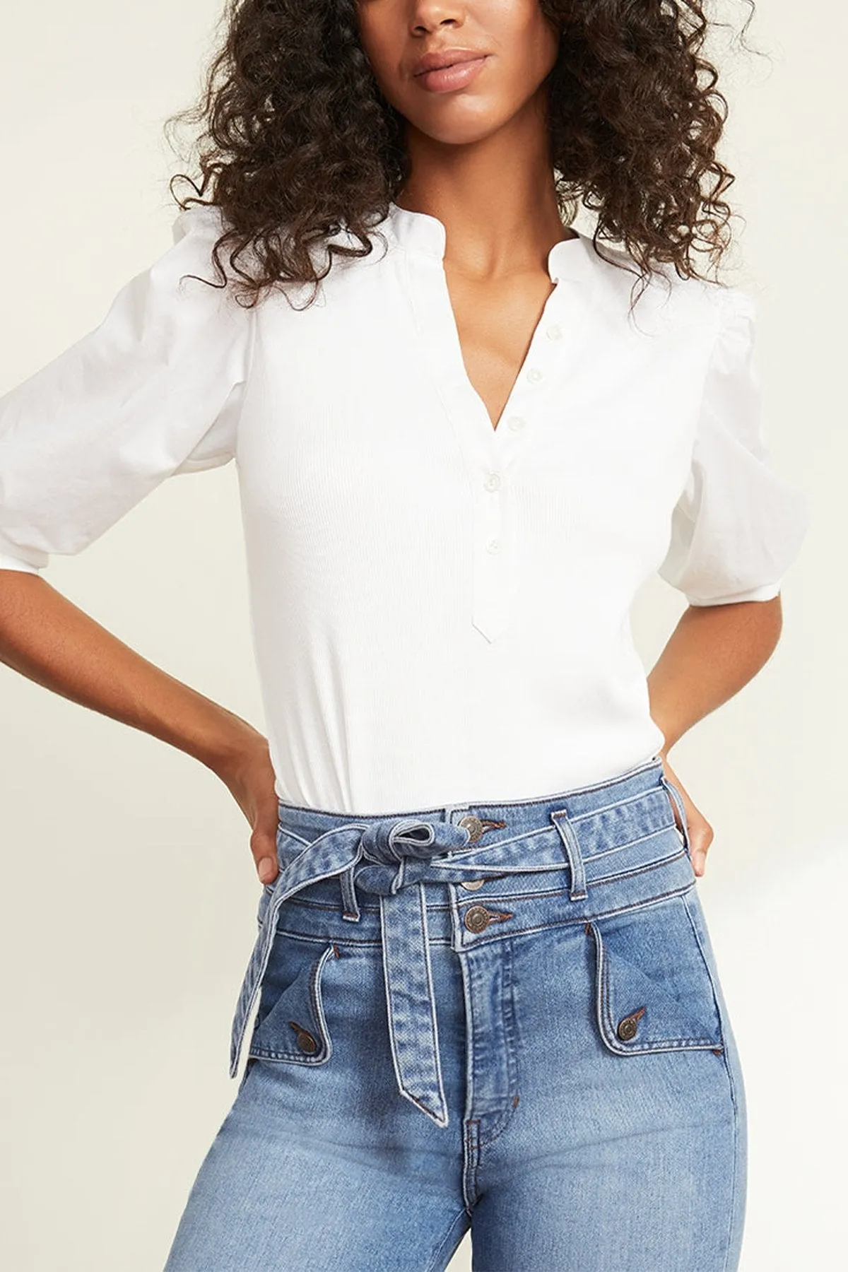 Coralee Puffed-Sleeve Top in White