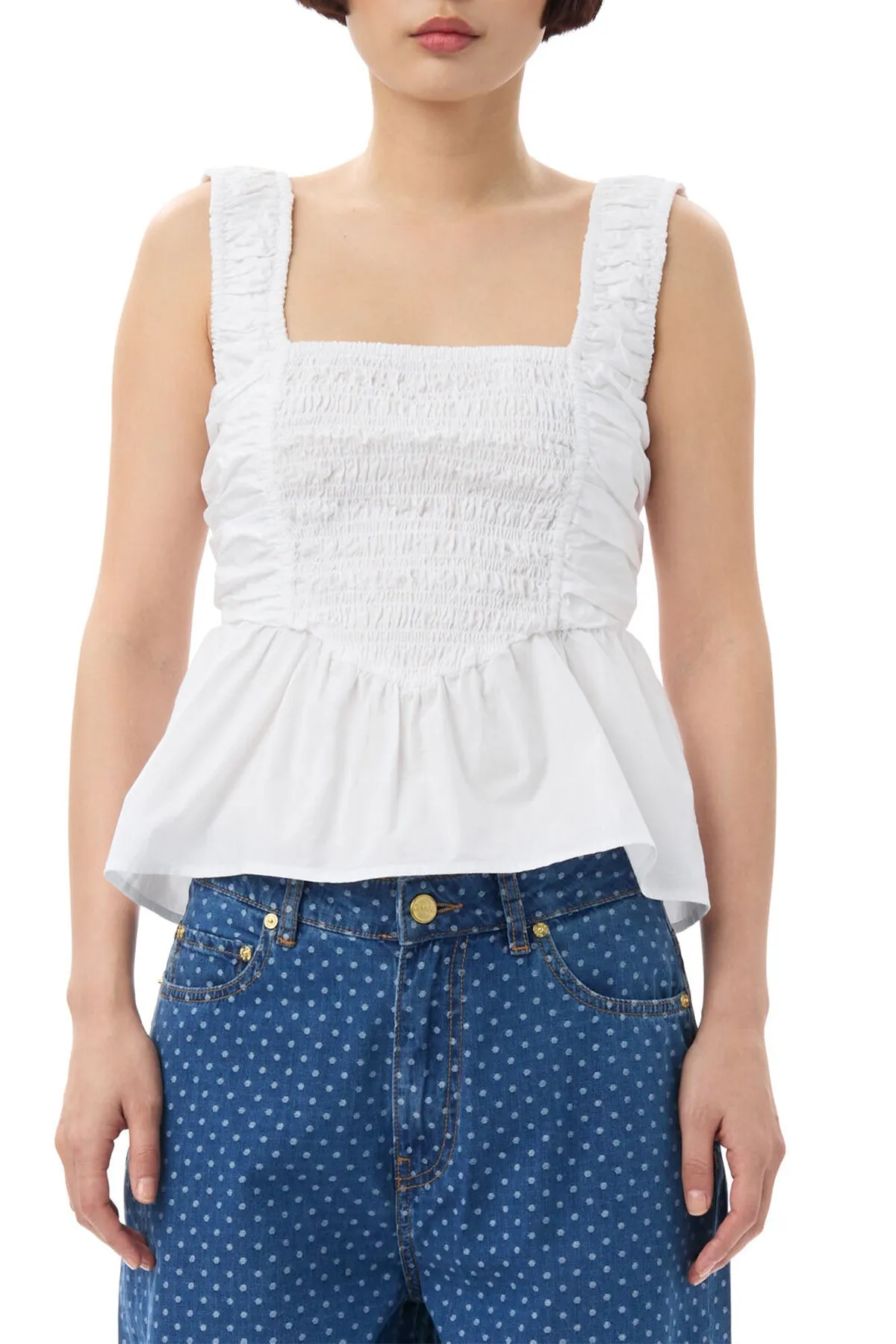 Cotton Poplin Smock Strap Blouse in Bright White