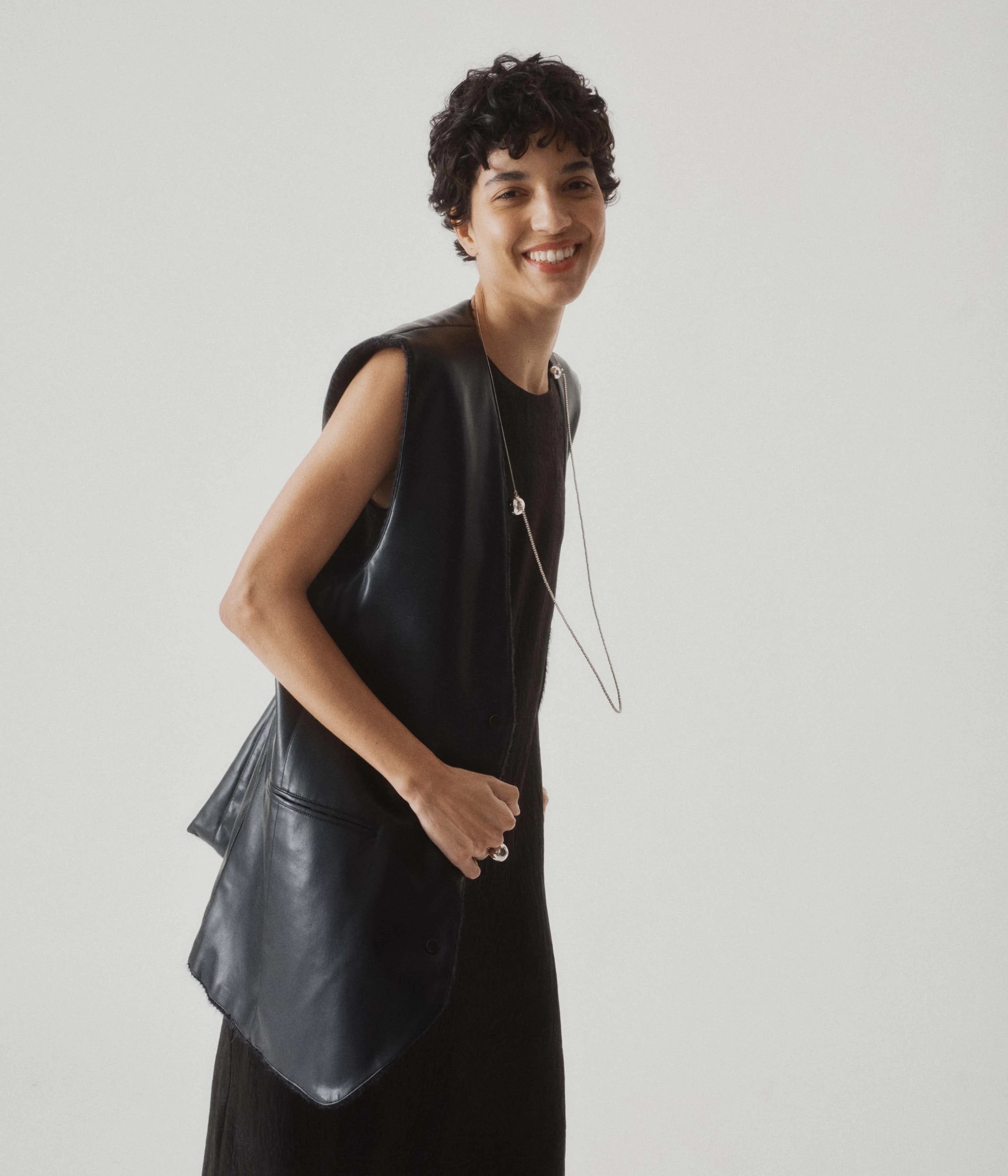 Crinkled Satin Tank Dress in Black