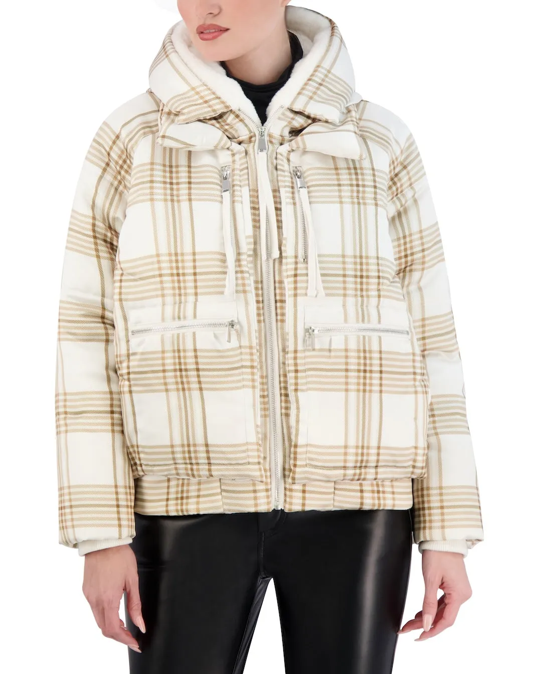 Cropped Plaid Utility Puffer