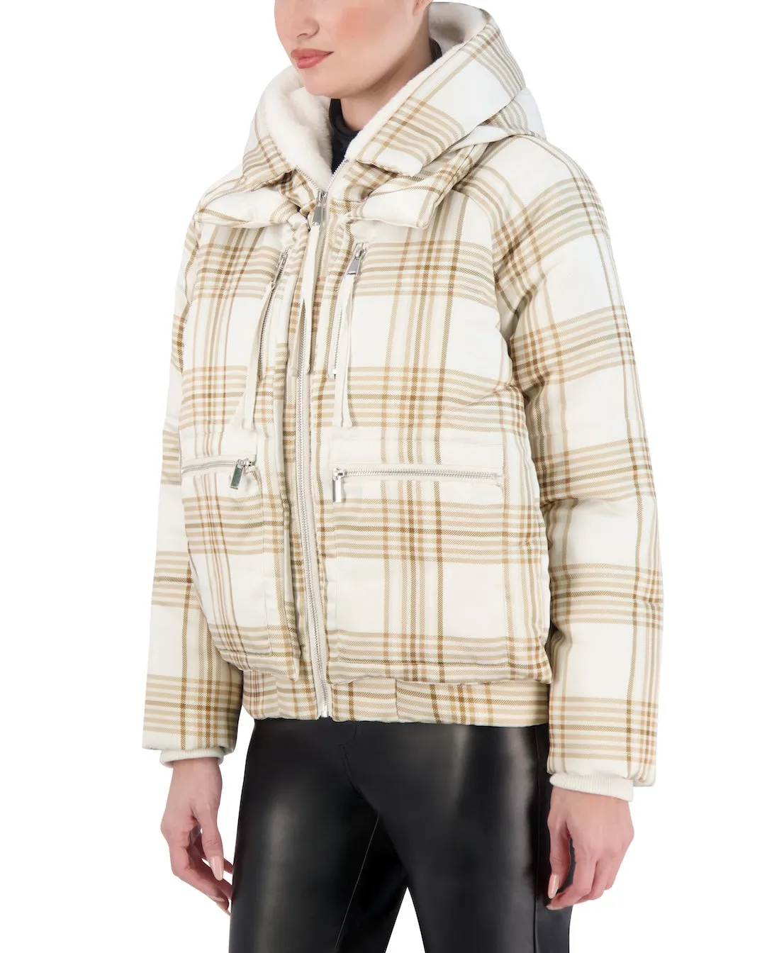 Cropped Plaid Utility Puffer