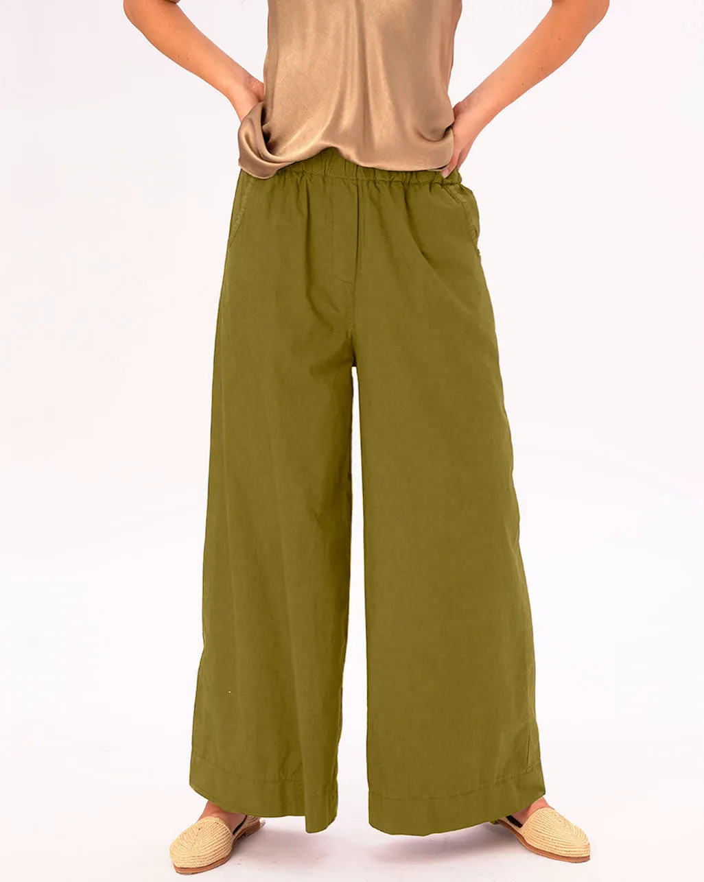 Elastic Pleat Waist Cotton Palazzo Pant