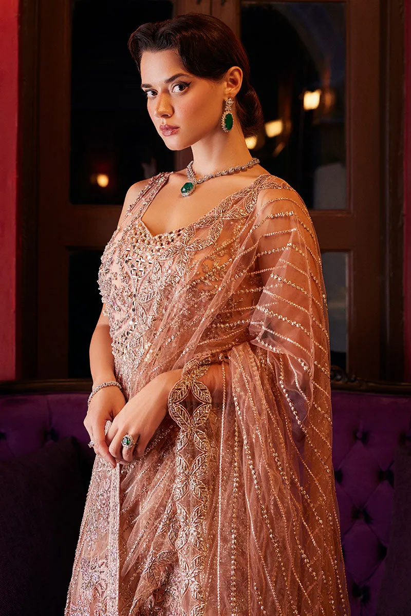 Elegant Pakistani Wedding Dress in Embroidered Peach Pishwas Style
