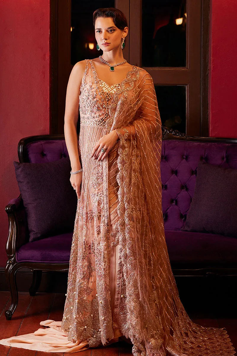 Elegant Pakistani Wedding Dress in Embroidered Peach Pishwas Style