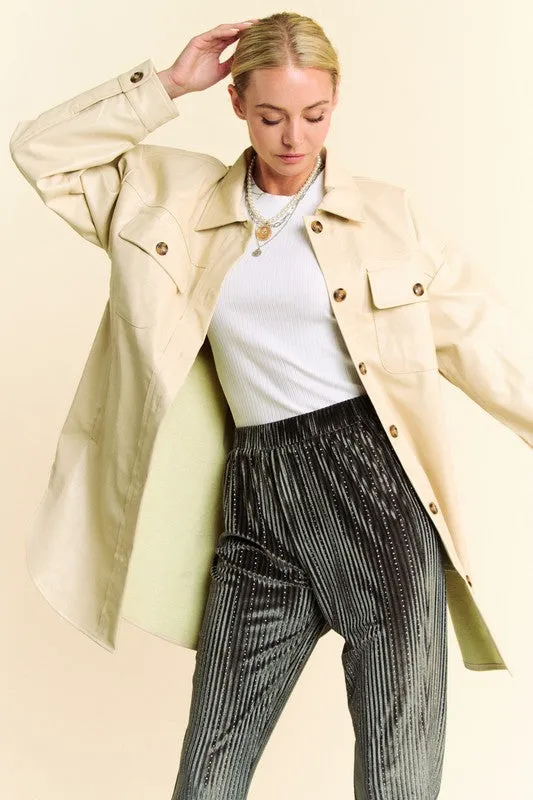 Faux Leather Button Up Jacket with Chest Pockets