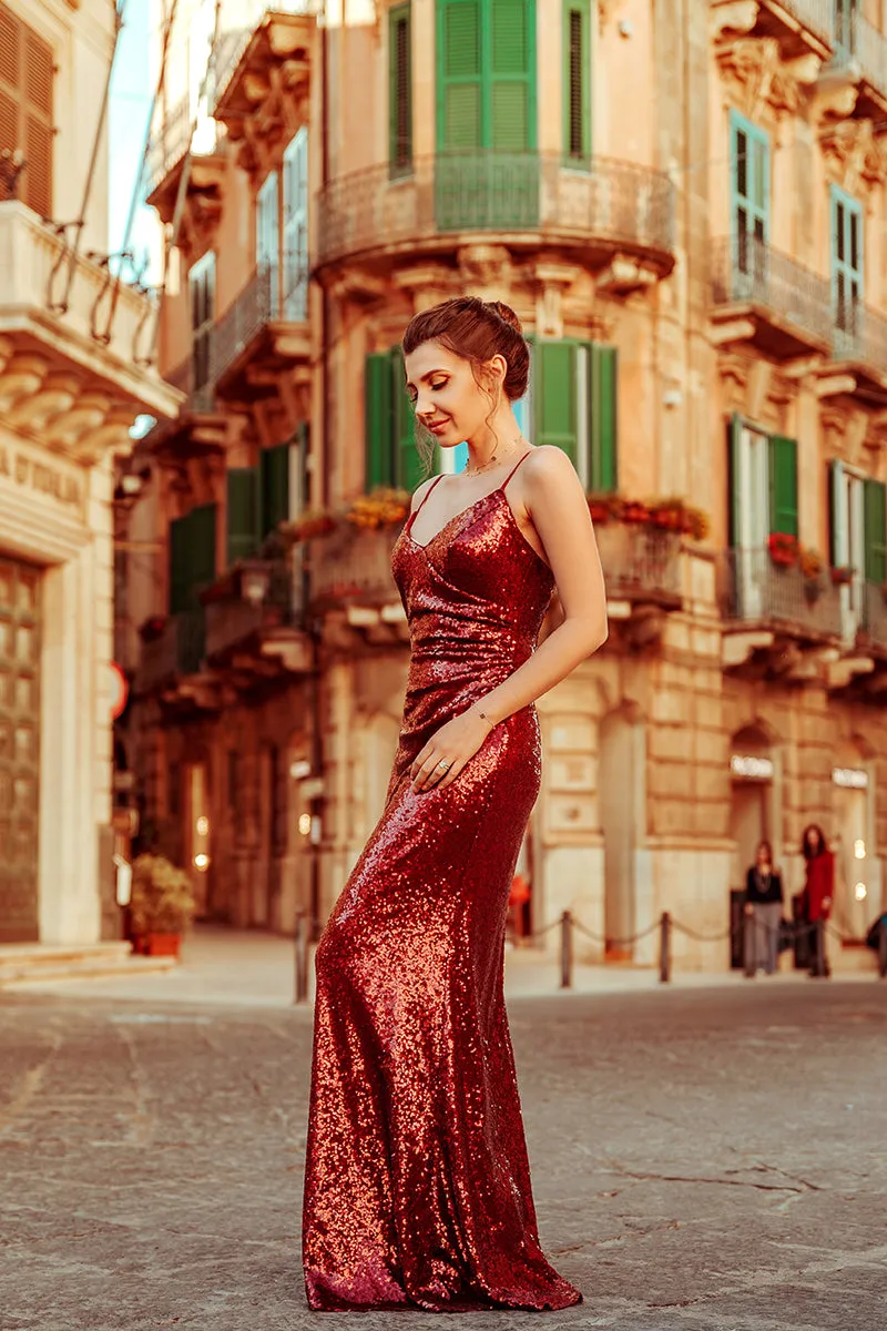 Floor-Length Red Sequins Long Evening Gown with Straps
