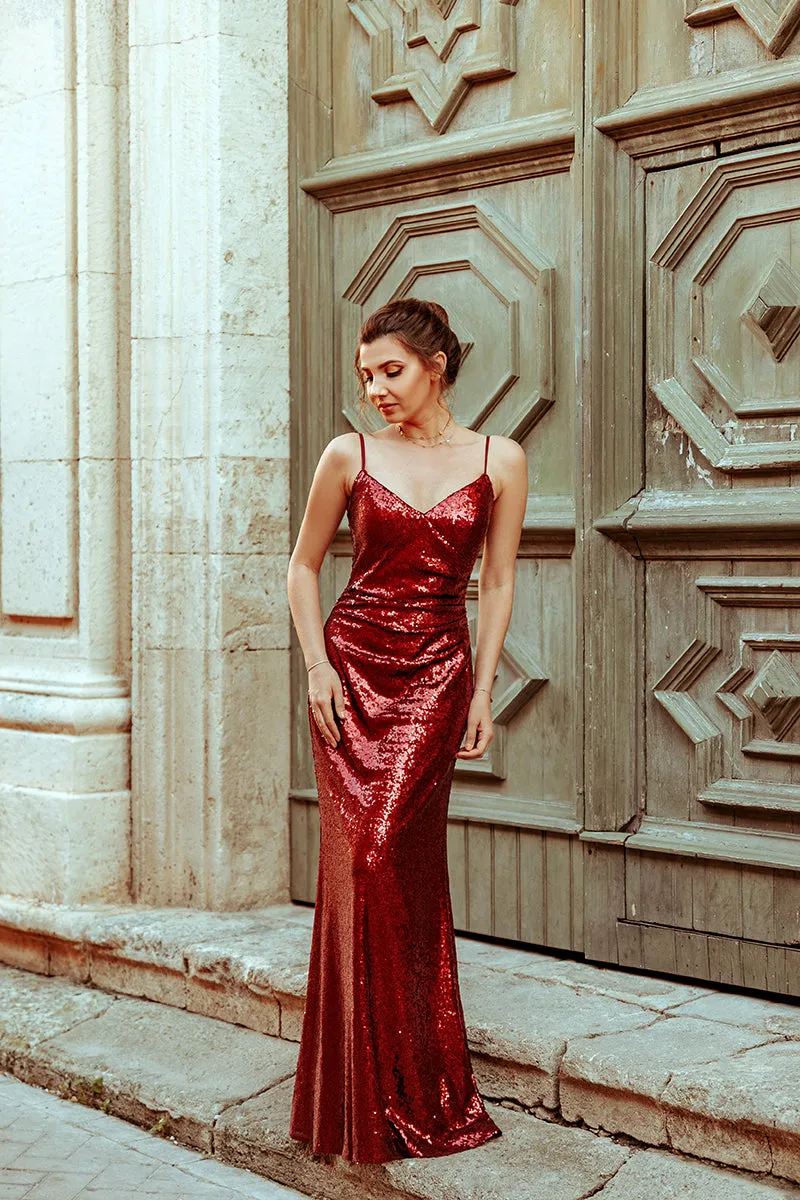 Floor-Length Red Sequins Long Evening Gown with Straps