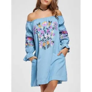 Floral Print Off The Shoulder Shift Dress - Azure Xl